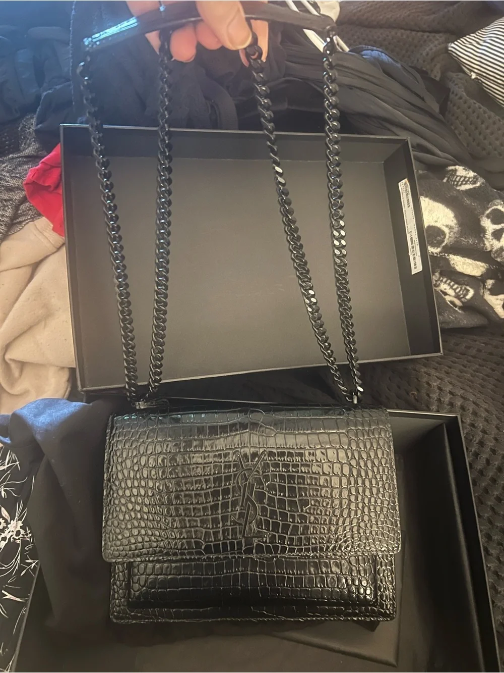 Saint Laurent Black Croc-Embossed Chain Crossbody Bag